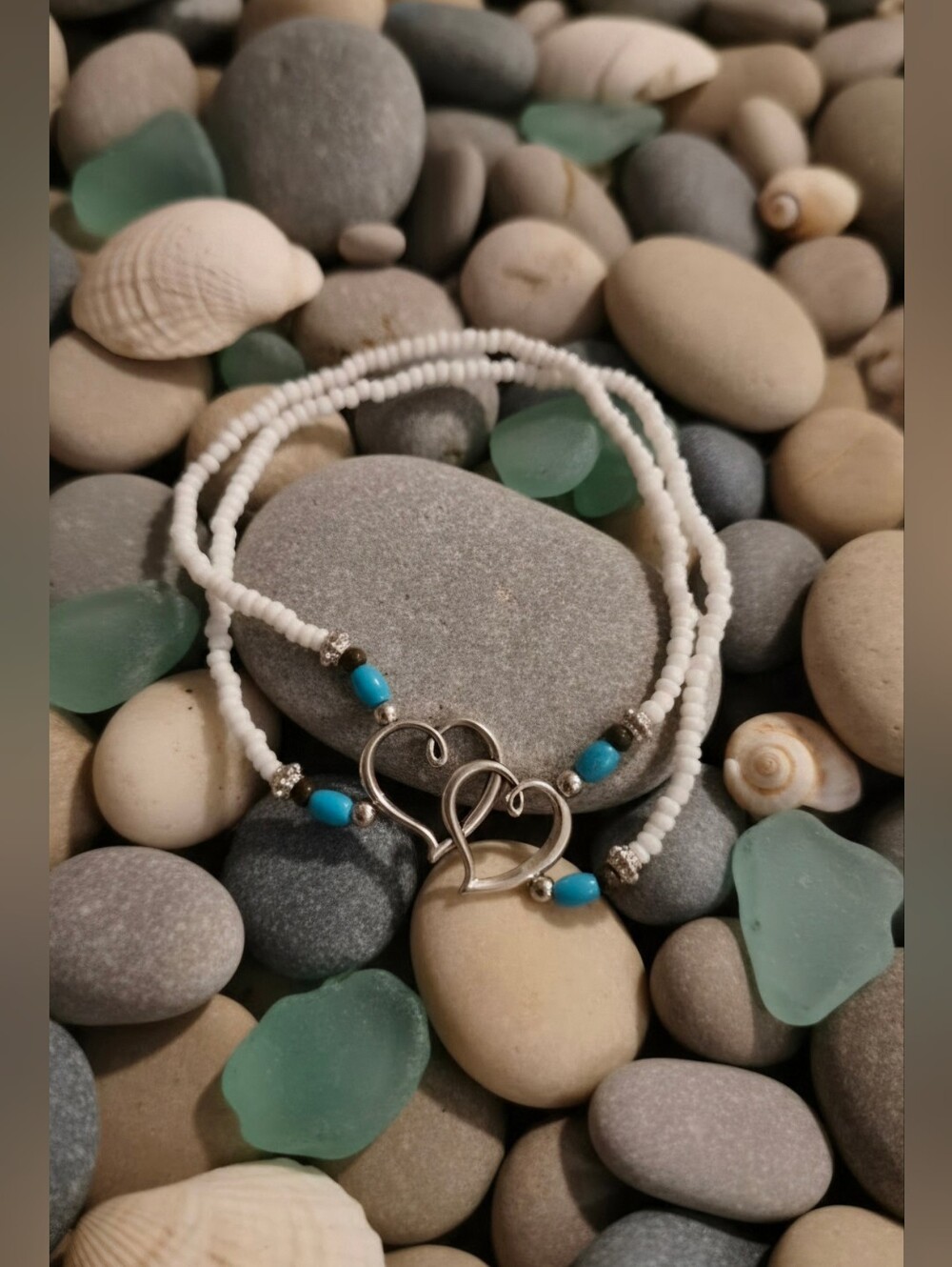 White Seed Bead & Turquoise Accent Double Heart Layered Anklet